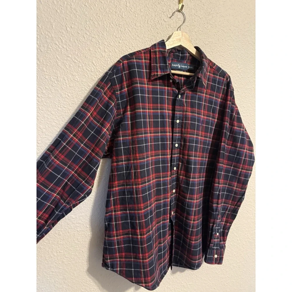VINTAGE Ralph Lauren Plaid Shirt Mens XXL Custom Fit 90s Red Tartan Cotton Pony